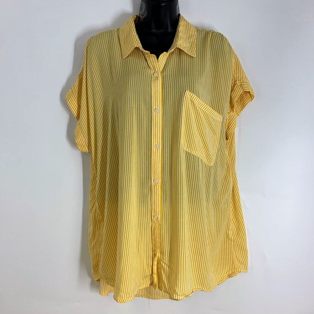 Cosmic Blue Love Women's Striped‎ Soft Button Up Short Sleeve Shirt Size XXL
